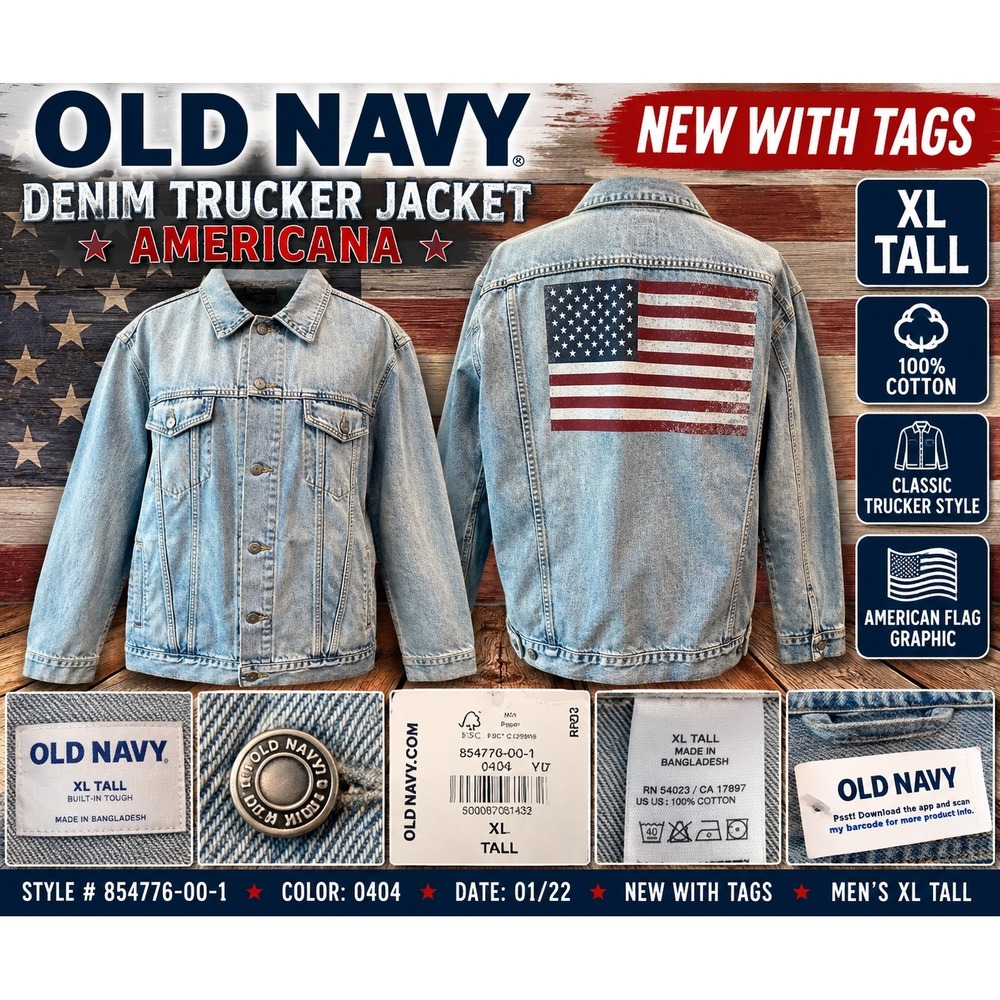 Old Navy Mens XL Tall Denim Trucker Jacket American Flag Americana 854776-00-1